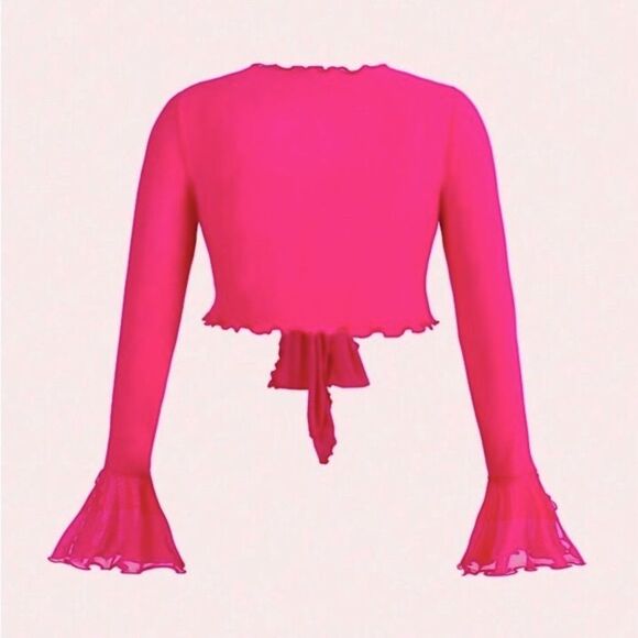 SHEIN ICON Hot Pink Lettuce Trim Knot Front Flare Sleeve Crop Top size XS - Picture 12 of 13